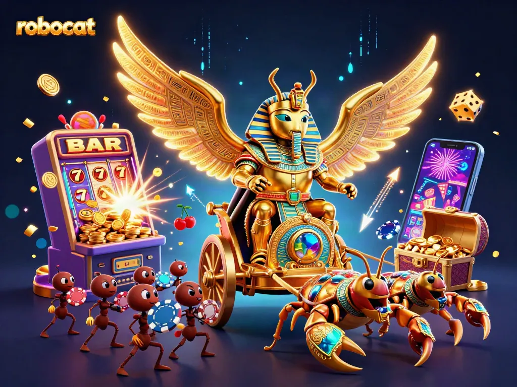 Experience the thrill of winning with robocat in a vibrant casino-themed illustration full of dynamic gaming elements.