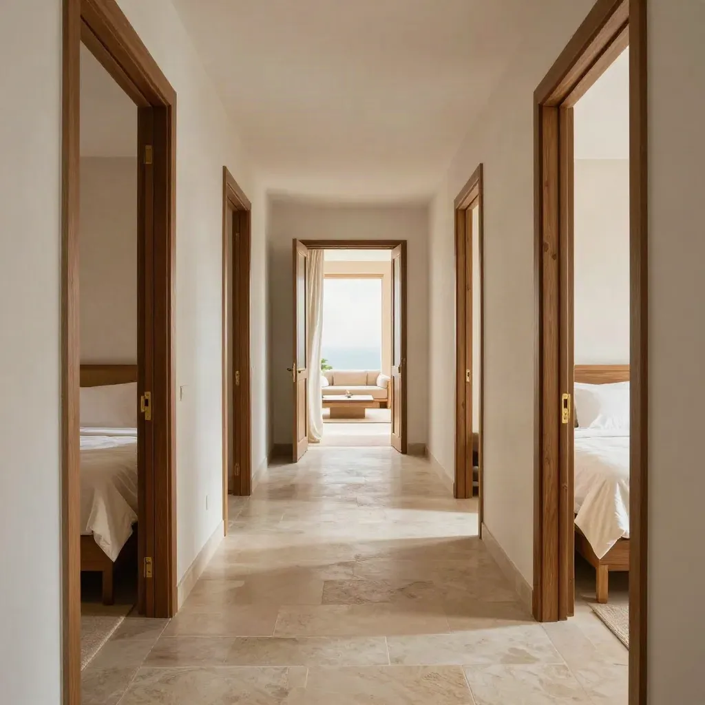 Pasillo de villa ibicenca con cuatro suites, puertas abiertas, linos marfil y salón al fondo