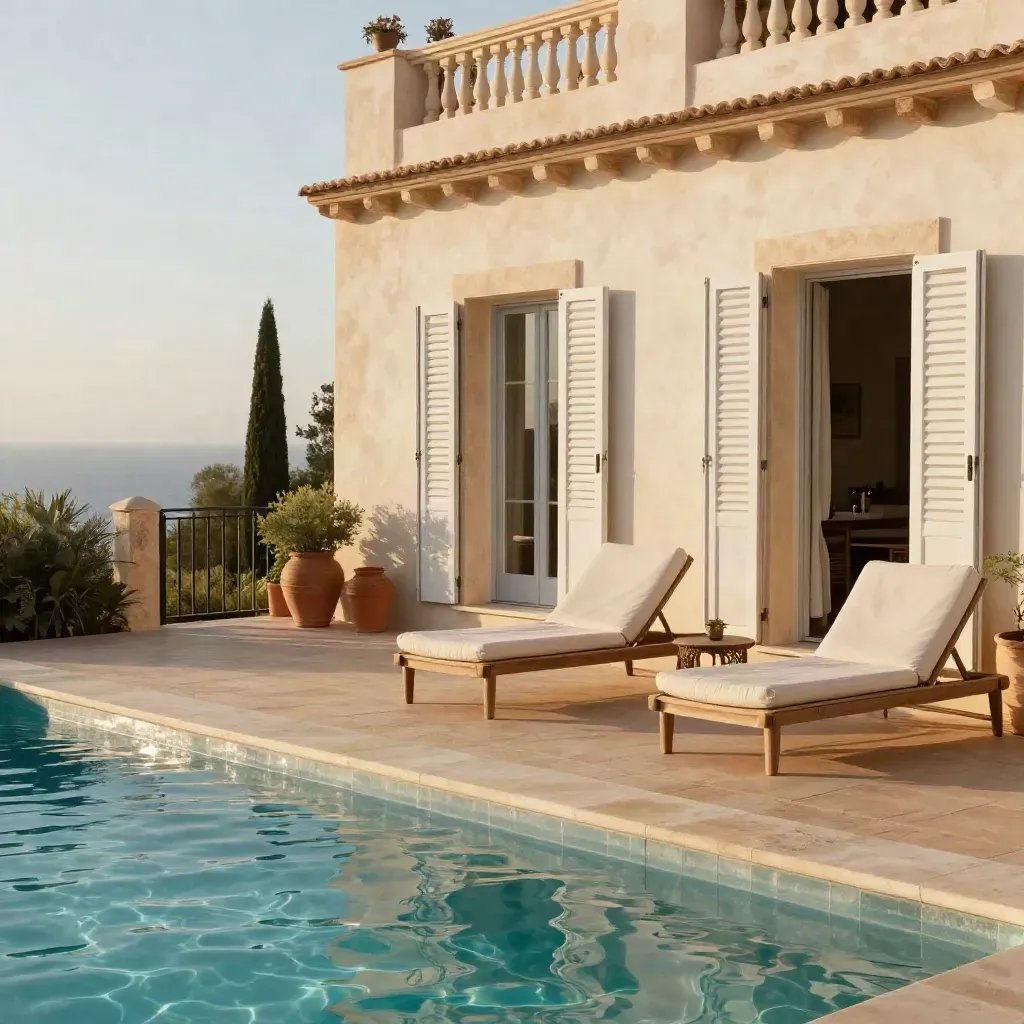 Terraza de villa de lujo en Ibiza con piscina, tumbonas claras y contraventanas abiertas.