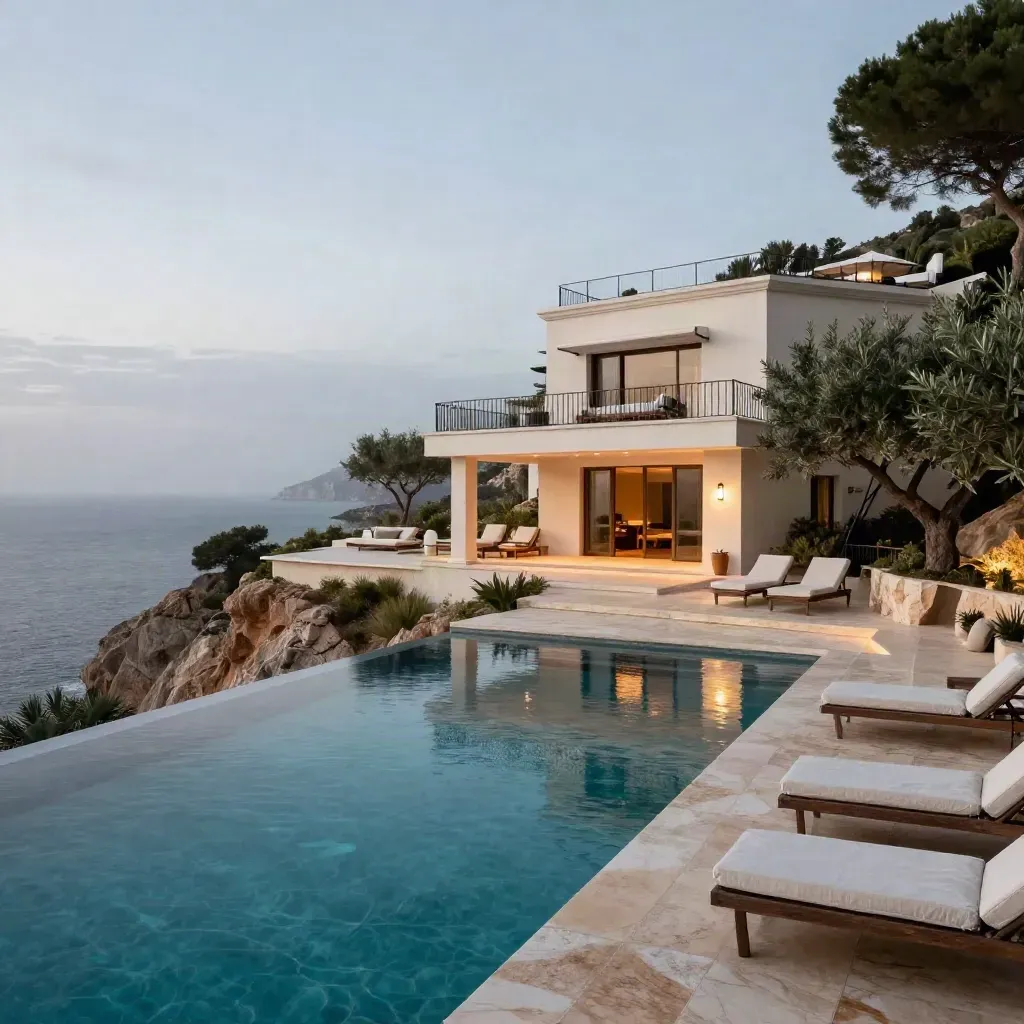 Mansión de lujo en un acantilado de Ibiza al atardecer, con piscina infinita y terrazas mojadas.