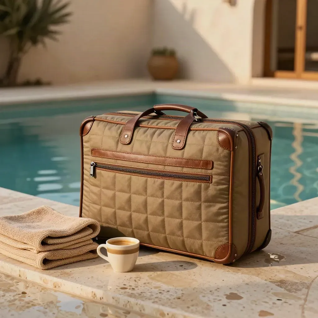Suite patio con maleta, toallas y café junto a una piscina de inmersión al atardecer.
