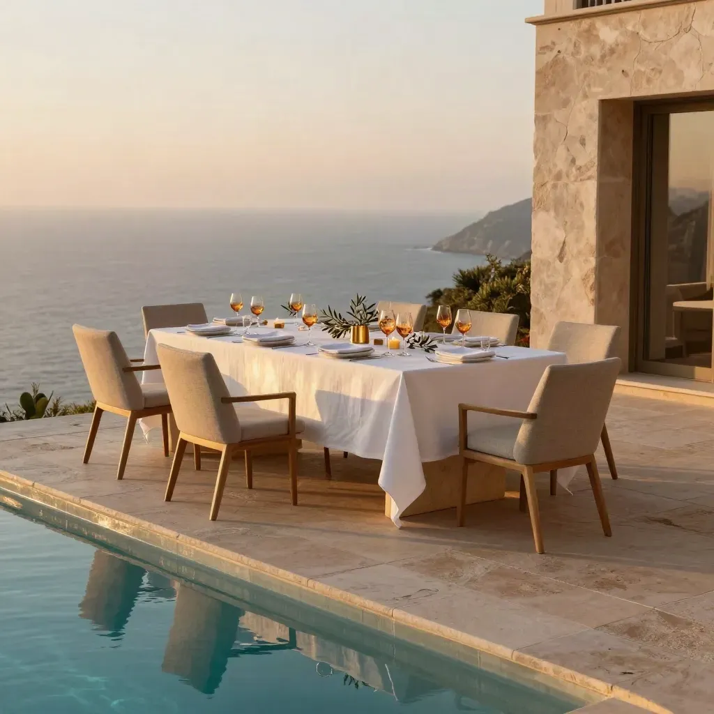 Cena lista junto a una piscina infinita en Cap Martinet, con velas y copas al atardecer.