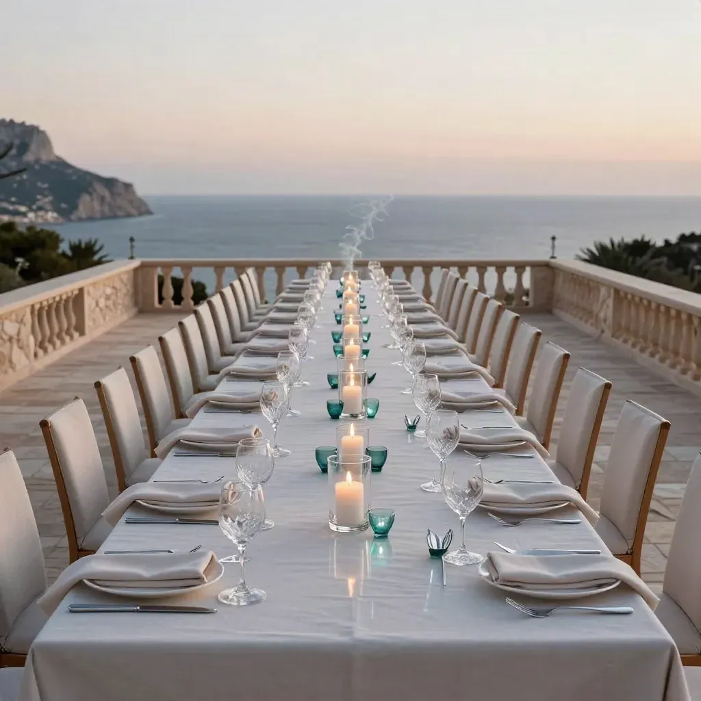 Mesa larga de cena privada en terraza ibicenca, velas y copas listas al atardecer.
