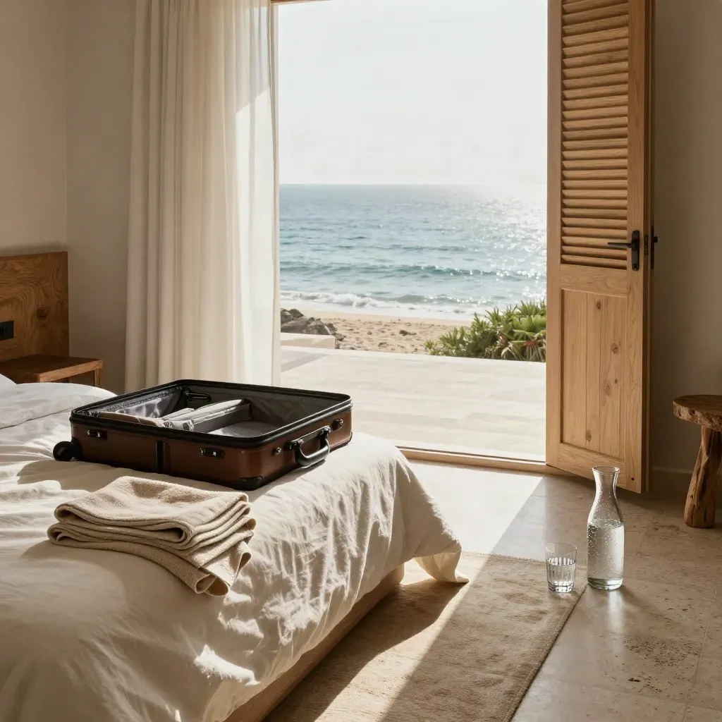 Suite en Talamanca con maleta abierta, toallas, agua fría y vistas al mar por las persianas.