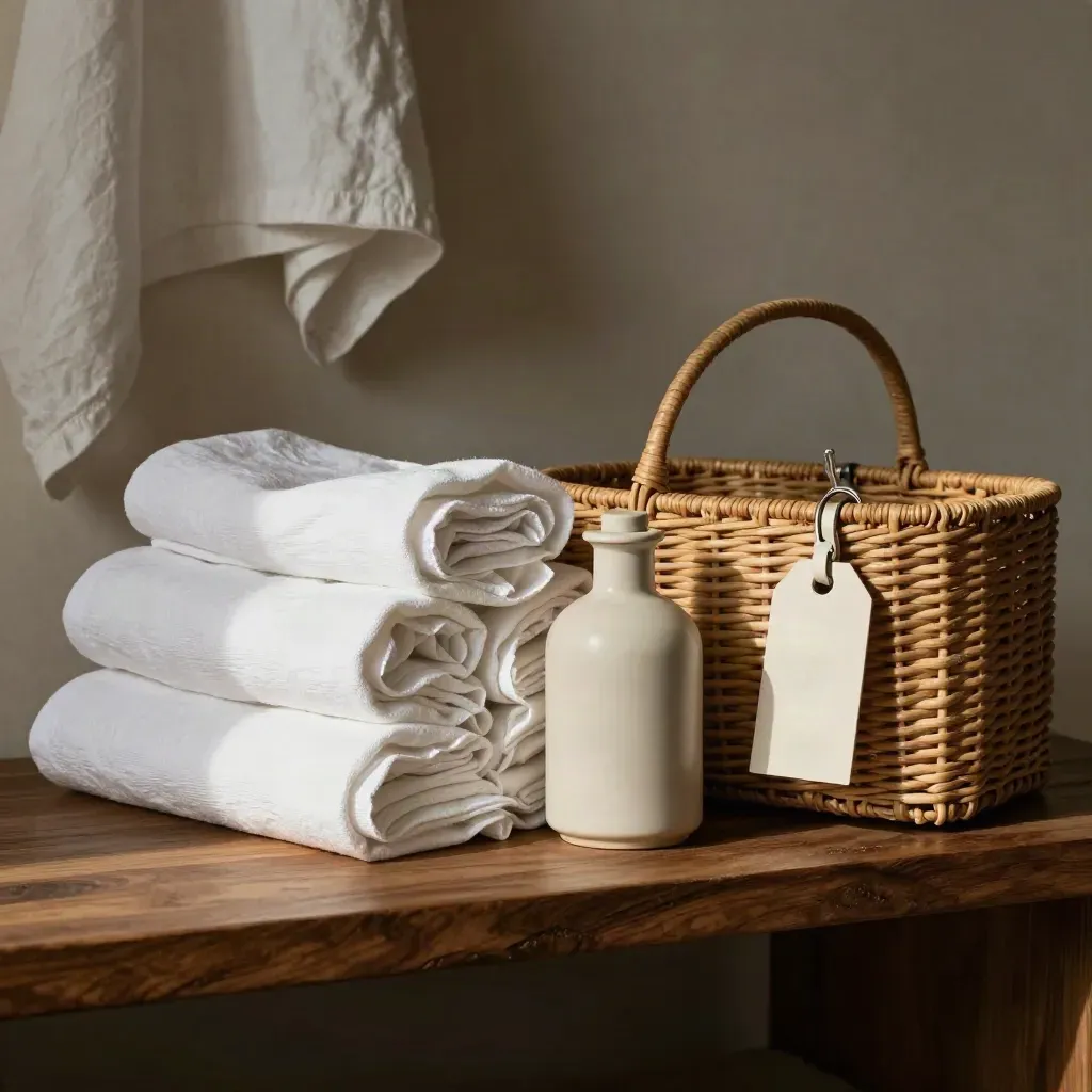 Linens enrolladas, botella cerámica y etiqueta en una cesta tejida sobre madera.