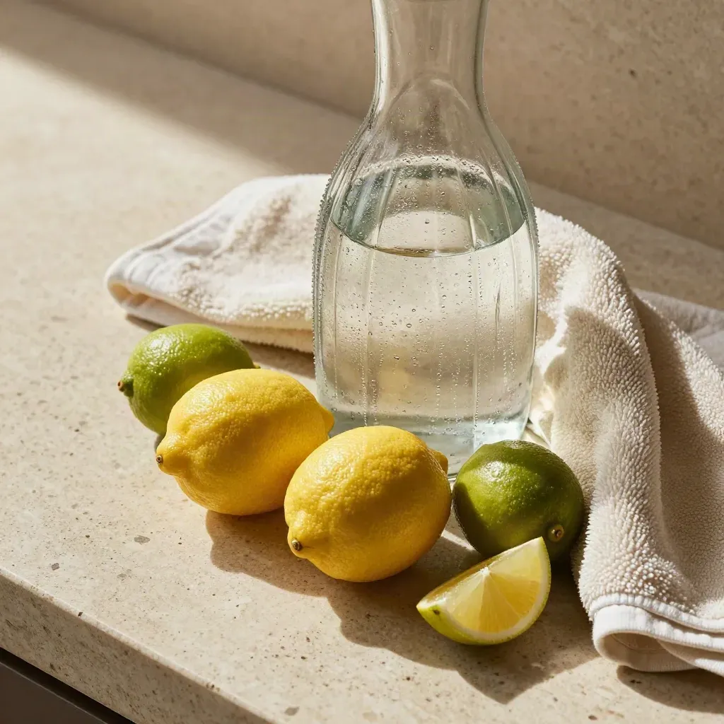 Carafe de vidrio fría con cítricos locales y toalla de rizo sobre travertino.