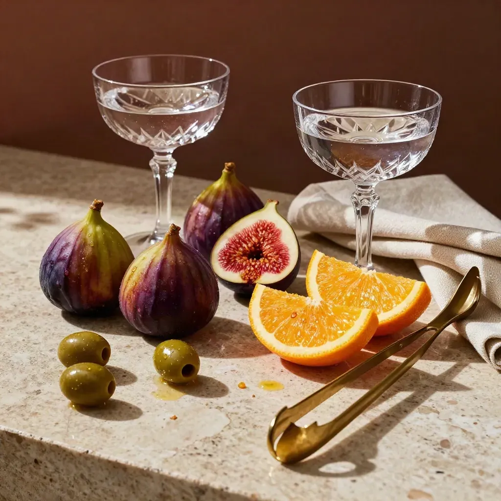 Higos, aceitunas y copas de cristal sobre travertino con luz suave dorada.