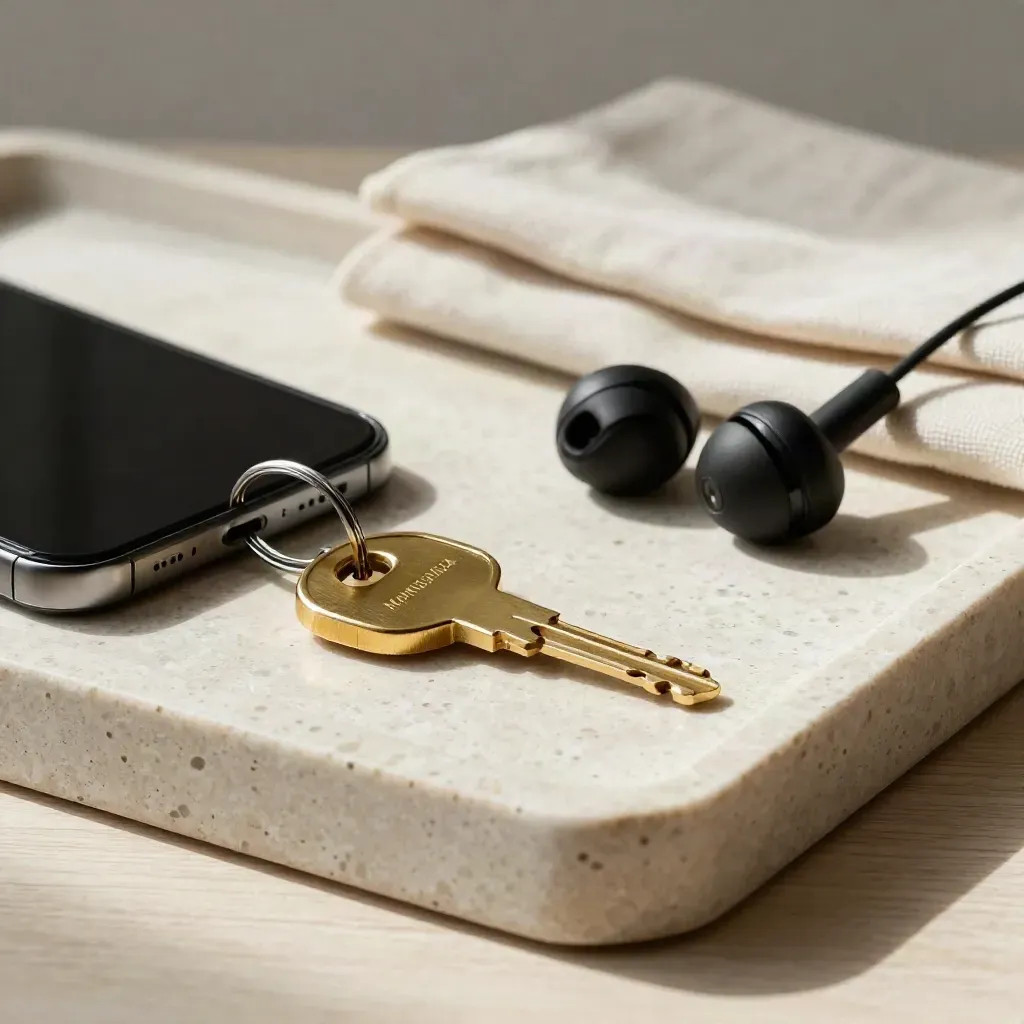 Smartphone boca abajo, llavero de latón y auricular negro sobre bandeja de travertino.