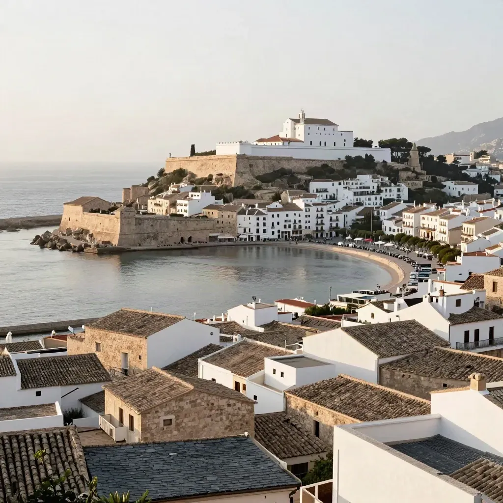 Vista elevada de Dalt Vila sobre Ibiza Ciudad, con el puerto y tejados al atardecer.