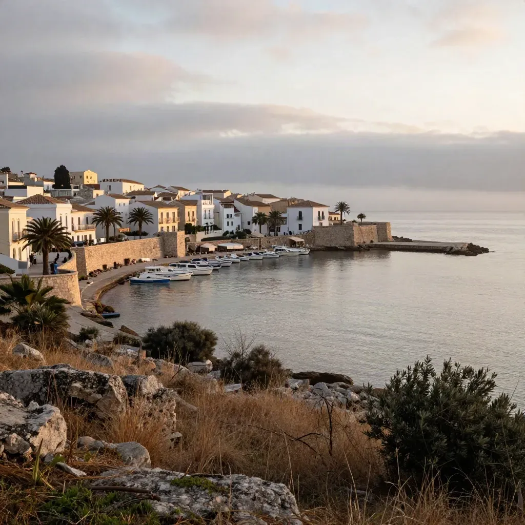 Bahía de Santa Eulària al amanecer con casas blancas, palmeras y mar en calma
