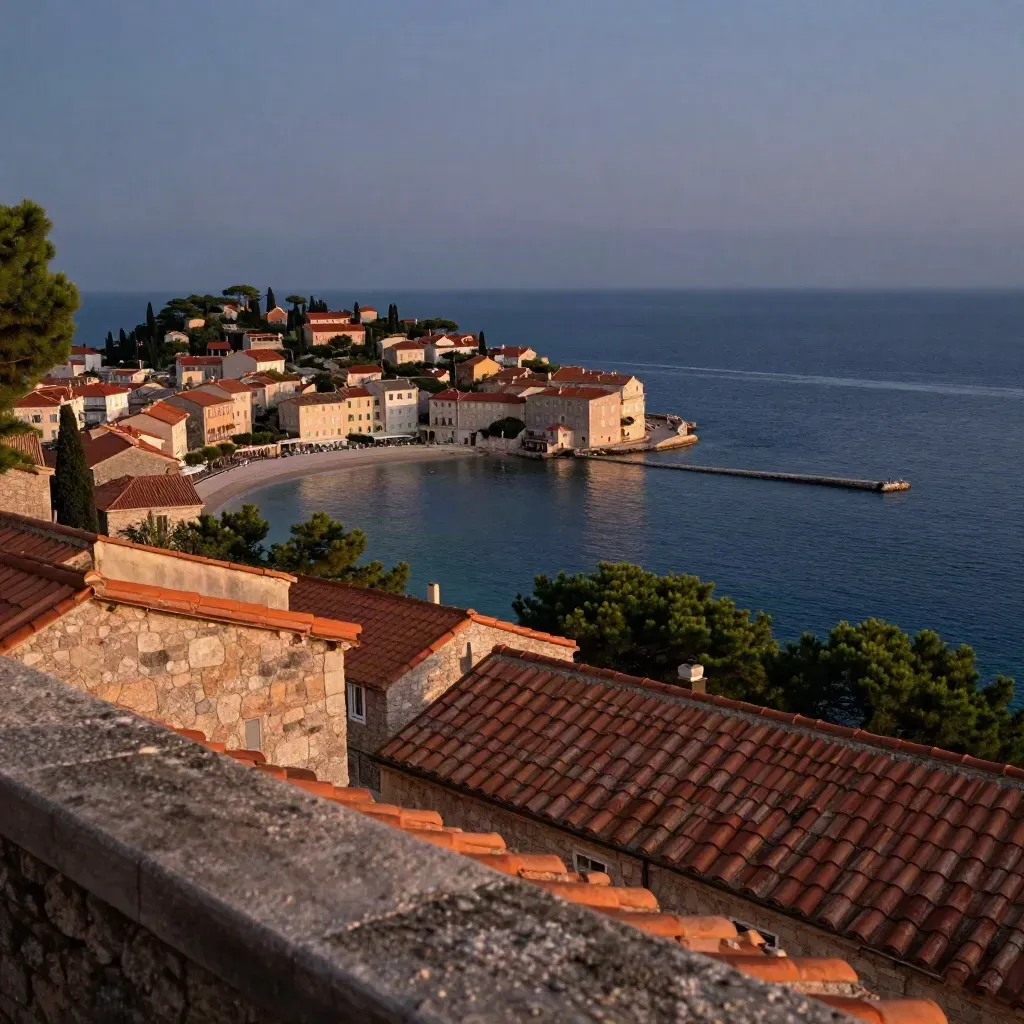 Vista elevada al anochecer de Sant Antoni con tejados de terracota y bahía en calma.